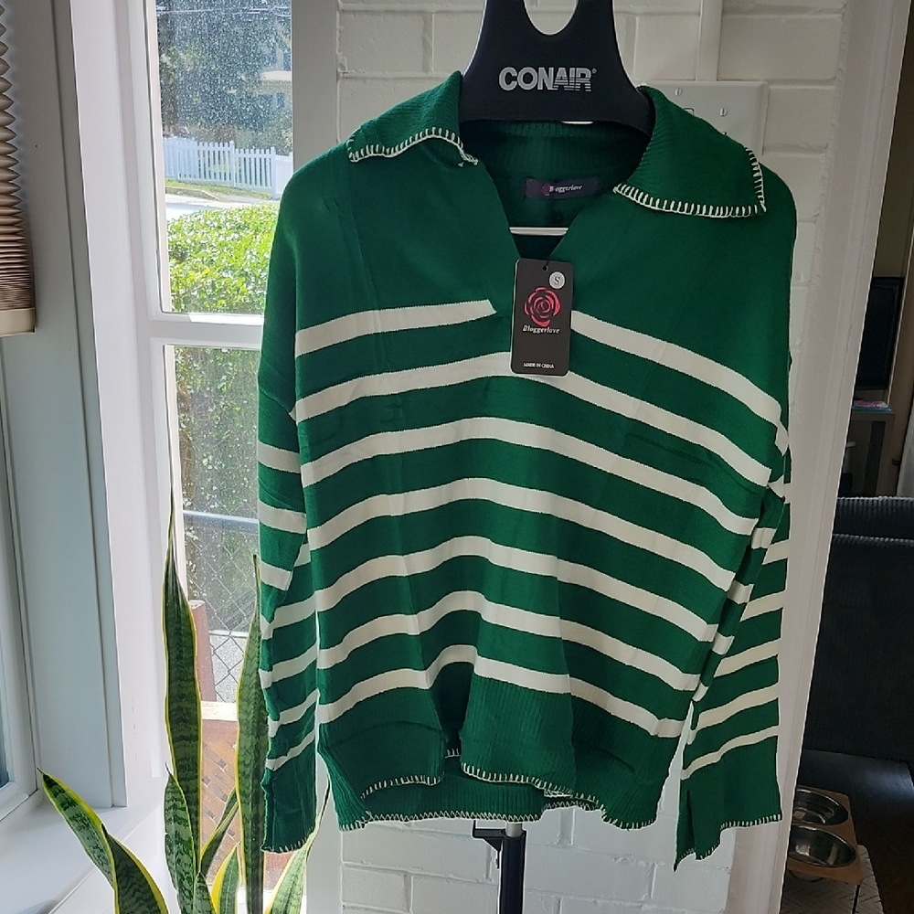 Green and White Striped Sweater, Small